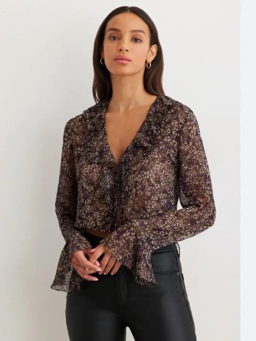 Dynamite -Sheer Floral Ruffle V-Neck Blouse - Purple